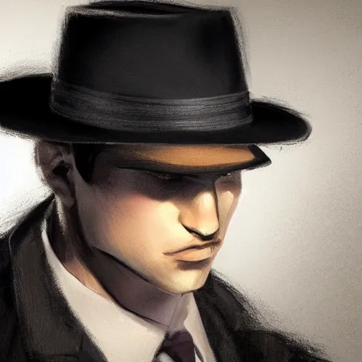 Image similar to portrait of a detective, zoomed in, noir, fedora, tweed coat, confident, handsome, heavy shading, vintage, high quality, by artgerm, artstation, ( ( ( by ilya repin ) ) )