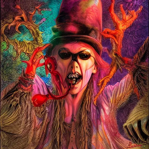 Image similar to Fear and Loathing Vampire in Wonderland, a psychedelic horror fantasy portrait by Wayne Barlowe and Artgerm, vivid color, album cover,