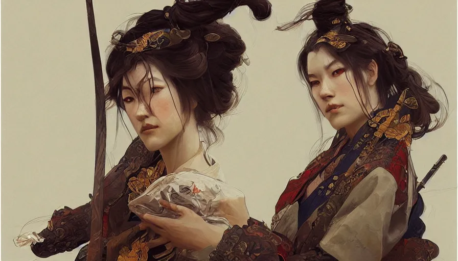 Image similar to a beautiful realistic painting of a samurai, intricate, elegant, highly detailed, digital painting, artstation, concept art, by krenz cushart and artem demura and alphonse mucha