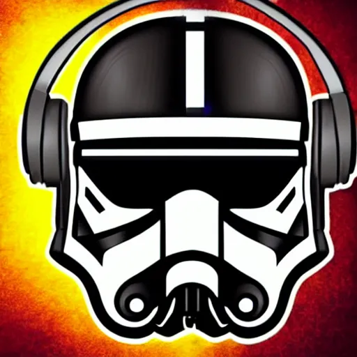 Image similar to svg sticker of a Pop-Wonder Storm-Trooper-Mandolorian-Helmet-Head-Hero-Villain at a rave, spinning records, giant headphones rocking out, wearing headphones, huge speakers, dancing, rave, DJ, spinning records, digital art, amazing composition, rule-of-thirds, award-winning, trending on artstation, featured on deviantart