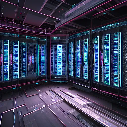 Image similar to “looking out over a 3D model of a cyberpunk city. Scene rendered inside of a large server room. The computer servers are actually the buildings in the city.”