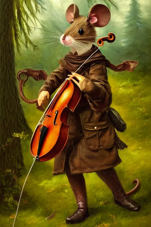 Prompt: classic oil painting, a mouse with a violine, as a dnd character, standing in the forrest, highly detailed, digital illustration, concept art