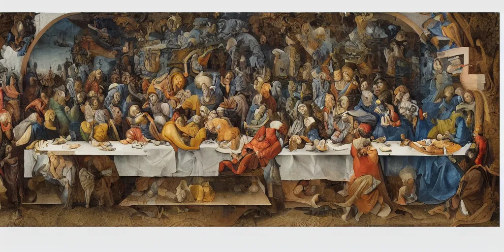 Image similar to multilayer last supper full color gradient pattern of escher style 3 6 0 panorama with hieronymus bosch style bubbles, unfinished, very detailed