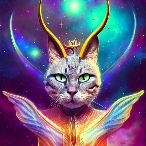 Image similar to a highly detailed galaxy cat with horns and wings in space , trending on artstation, digital art, 4k, hyper realism, high detail, cinematic, cinematic lighting, high detail, realistic, fantasy