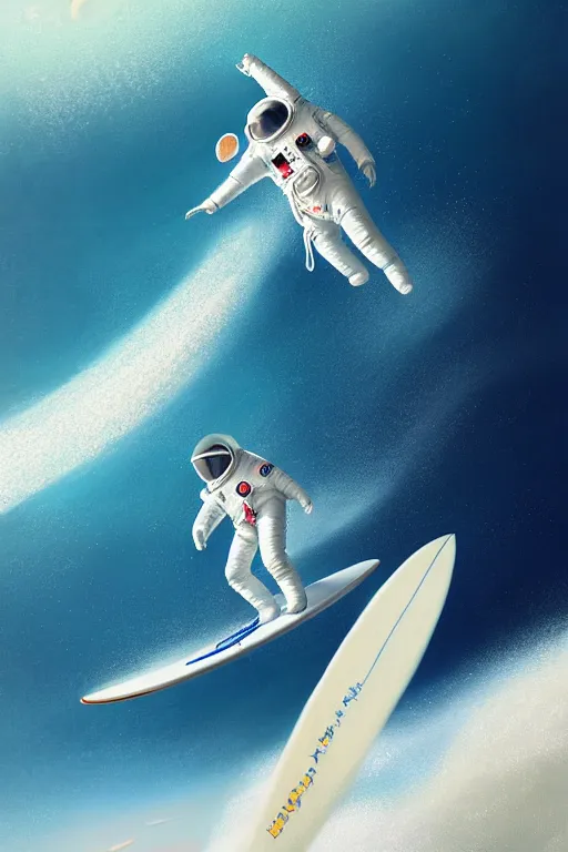 Image similar to a beautiful digital painting of an astronaut in a white space suit surfing the great wave on a surfboard by greg rutkowski, photorealistic, trending on artstation, highly detailed, intricate, unreal engine, octane render