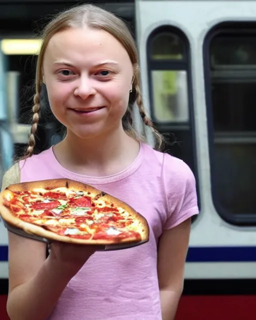 Image similar to film still close - up shot of greta thunberg giving a speech in a train station eating pizza, smiling, the sun is shining. newspapers falling from sky photographic, photography