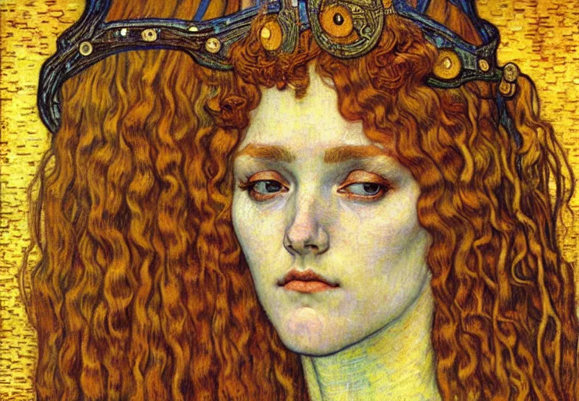 Image similar to detailed realistic beautiful young medieval queen face portrait by jean delville, gustav klimt and vincent van gogh, art nouveau, symbolist, visionary, gothic, pre - raphaelite, muted earthy colors, desaturated