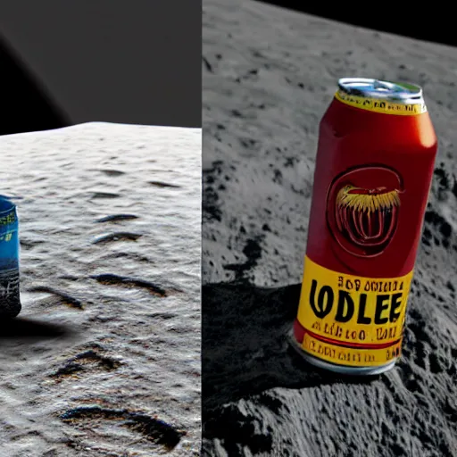 Image similar to photo of a detailed realistic idle electric guitar and a detailed realistic idle beer can next to one another on the moon surface. realistic. detailed