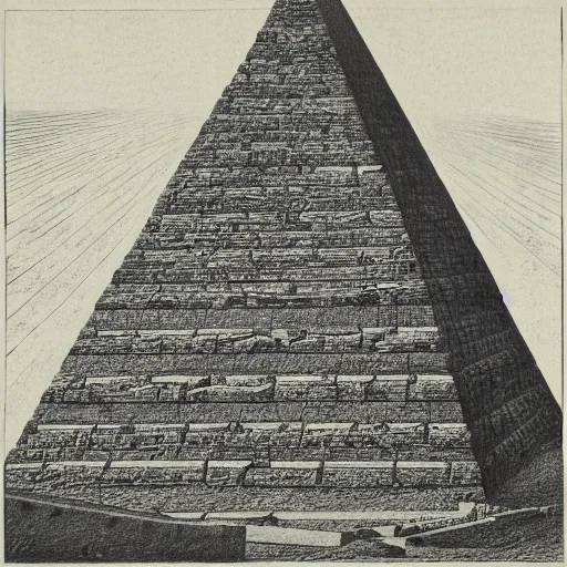 Image similar to realistic drawing of the pyramid at dawn, by maurits cornelis escher