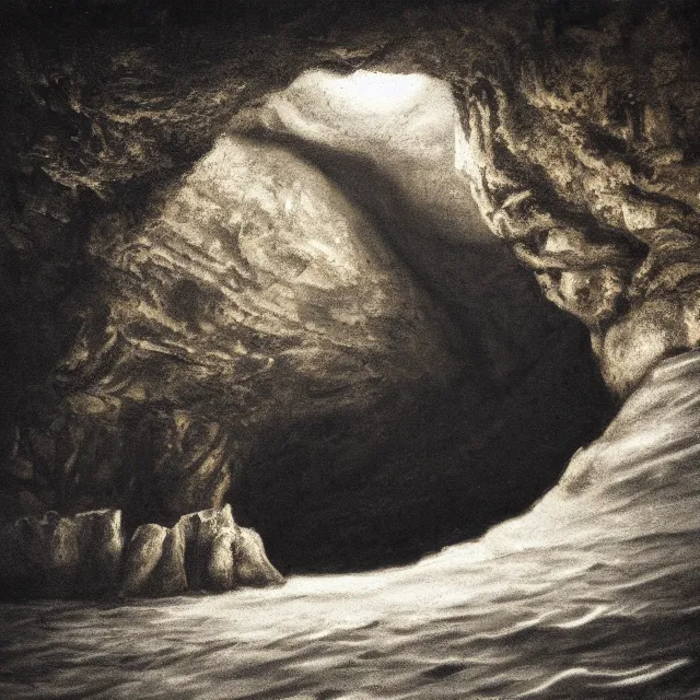 Prompt: photorealistic sepia painting of a jamaican sea cliff with the mouth of a sea cave, dark, brooding, atmospheric, lovecraft