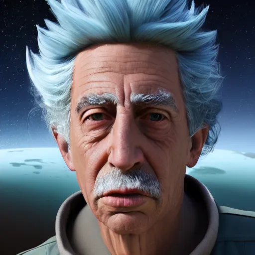 Prompt: portrait of real life rick sanchez. photo realism. dramatic lighting. alien planet background. 4 k