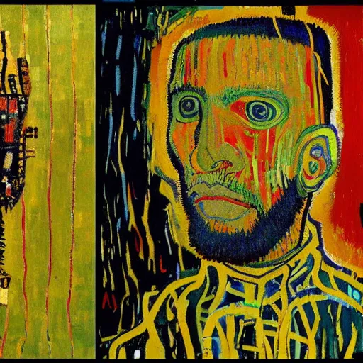 Prompt: artificial intelligence painting by Vincent van Gogh klimt Jean-Michel Basquiat