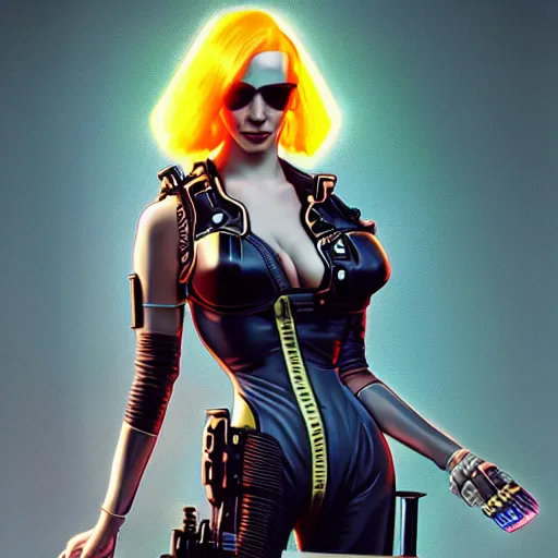 Prompt: transhuman cyborg christina hendricks as a character from cyberpunk 2 0 7 7 wearing stylish 1 9 8 0 s futuristic clothing, intricate, elegant, highly detailed, digital painting, artstation, concept art, smooth, sharp focus, illustration, art by artgerm and greg rutkowski and alphonse mucha