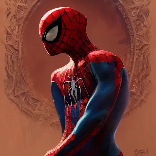 Image similar to Beautiful portrait of spiderman, wide angle, intricate, wild, highly detailed, digital painting, artstation, concept art, smooth, sharp focus, illustration, art by artgerm and greg rutkowski and alphonse mucha - W 768