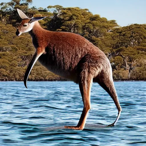 Image similar to scenic photo of a kangaroo standing on a whale. extremely large wings. extreme detail, hyperrealistic photo