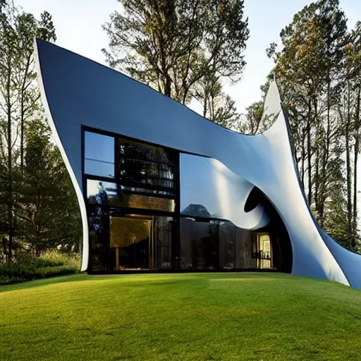 Image similar to This new and unique house exterior is inspired by the majestic, soaring form of an eagle in flight. The front façade features several large windows arranged in a sweeping curve. photo.