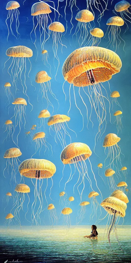 Image similar to a thousand little jellyfish flying through the sky!!! different realm, cinematic, dark fantasy, acrylic palette knife, high detail, hyper realism, ray tracing, 4 k resolution, 8 k resolution, full hd, neon, realistic painting by junji ito, laurie lipton and michael whelan, salvador dali