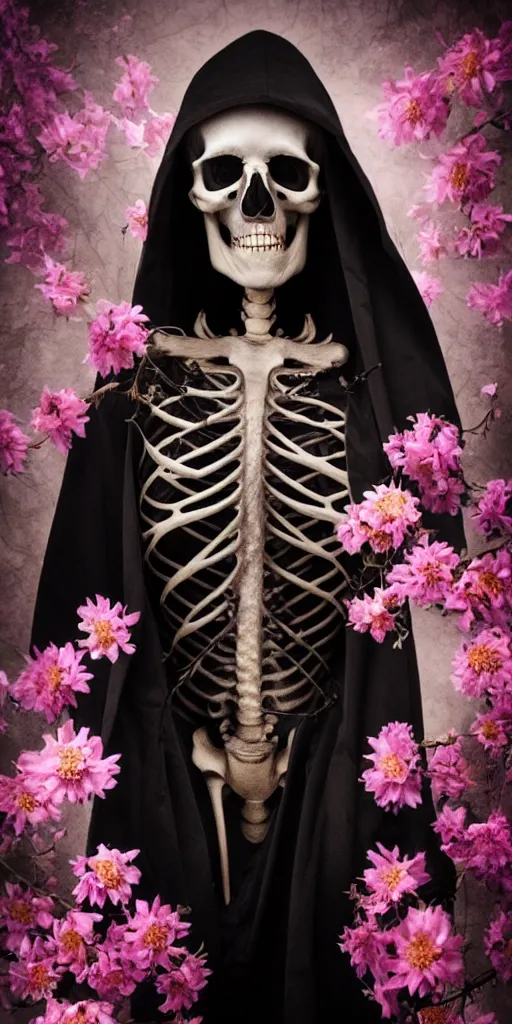 Image similar to cinematic shot epic portrait skeleton wearing a dark robe covered in flowers, hyper realistic, mood lighting, fantasy, detailed face, highly detailed, super realistic, perfect lighting javascript