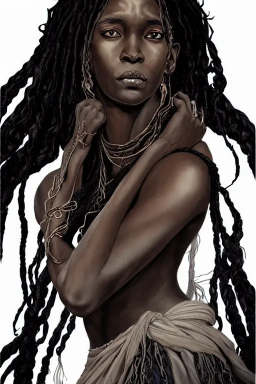 Prompt: ancient black woman crone with long scraggly hair wearing rags, character portrait wearing black silk looking over one shoulder, concept art, intricate details, highly detailed photorealistic portrait in the style of adam hughes, seseon yoon, artgerm and warren louw