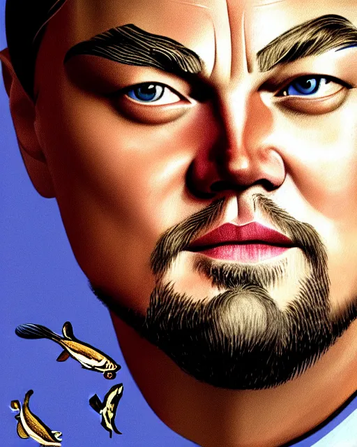 Image similar to painting portrait of leonardo dicaprio and a carp, cartoon, warm lighting, leonardo dicaprio has a carp. leonardo dicaprio and a carp fish. movie poster, illustration by bartek fedyczak, erak note, tooth wu, neil richards, kan liu, siwoo kim, jisu choe, trending on art station