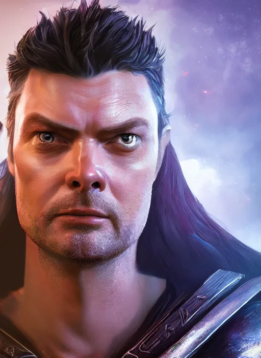 Image similar to A fantasy comic book style portrait painting of Karl Urban as a Paladin, unreal 5, DAZ, hyperrealistic, octane render, RPG portrait, dynamic lighting