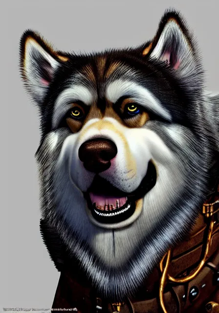 Prompt: hyper realistic ultra - detailed portrait of alaskan malamute face, steampunk hat with goggles and gears, upper body, detective coat, sharp focus, illustration, fantasy style, octane render, concept art, smooth, volumetric lighting, 8 k high definition, intricate, wide shot, by greg rutkowski, highly detailed, trending on art station