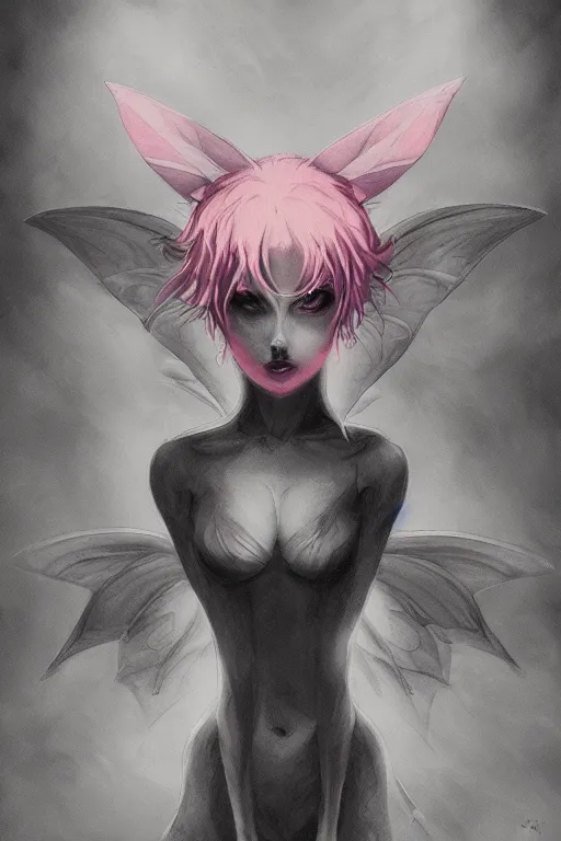 Image similar to concept art painting of a demonic evil fairy, moody vibe, moody lighting, artgerm, moebius, inio asano, toon shading, cel shading, calm, tranquil, vaporwave colors,