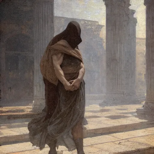 Image similar to half portait of magican wearing a closed cowl and carrying big old book! jeremy mann, jean leon gerome, tiepolo, alphonse mucha, greg rutkowski, face in the shadows, ( ( ruins of ancient rome ) ), at dusk, mysterious atmosphere, sunrays, dof, masterpiece, high detailed, 8 k