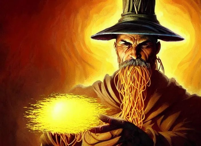 Image similar to magic : the gathering fantasy character concept art of the great pasta wizard by franz frazetta, high resolution. a clear portrait of powerful, mysterious wizard made out of noodles and pasta, flour and egg yolk magic fractals in background, fantasy coloring, intricate, digital painting, artstation, smooth, sharp focus