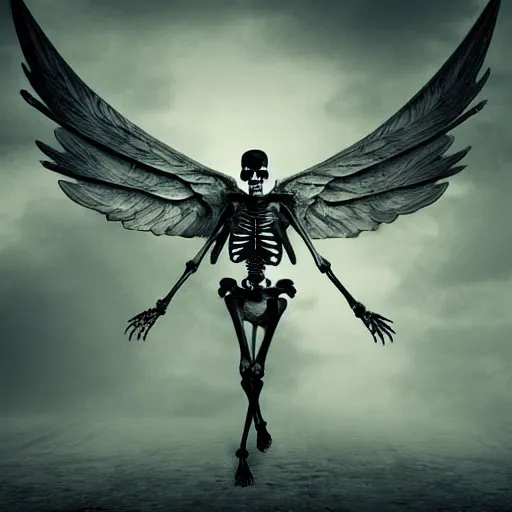 Prompt: a male skeleton with wings, illustration style, symbolic, cinematic, dark and moody scene, super detailed and intricate, elegant, hyper - realistic