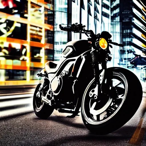 Image similar to a black ( ( ( honda cmx 5 0 0 rebel ) ) ) motorcycle, ridden fast by a metallic futuristic alien cyborg, through the streets of 2 0 5 0's tokyo, neon signs, blurred crowded streets, slight motion blur background