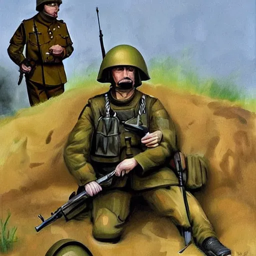 Image similar to Putin is sitting in the trenches and defending himself from Ukrainian troops, Retro futuristic painting style