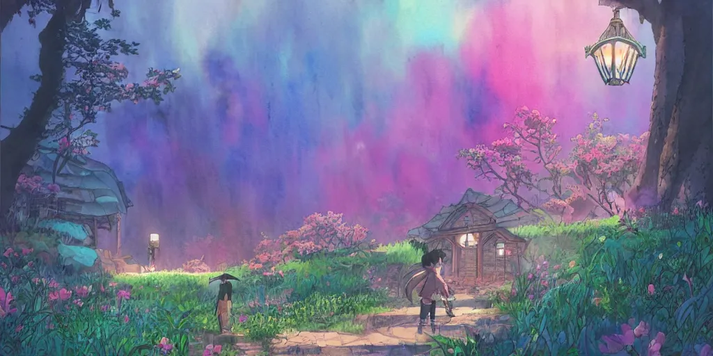 Image similar to bathhouse and nature, modern contemporary, lanterns. watercolor art, expansive cinematic view, volumetric shading, intricate and detailed, highly saturated colors. breath of the wild style, by hayao miyazaki ghibli!!!. pastel!! pink!! accents. trending on artstation. award winning