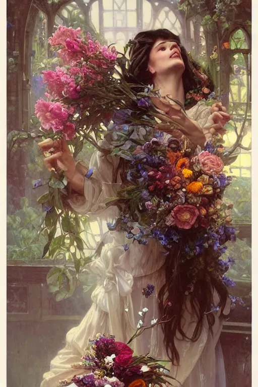 Image similar to portrait of a beautiful mysterious woman holding a bouquet of flowing flowers, hands hidden under the bouquet, fantasy, regal, intricate, by stanley artgerm lau, greg rutkowski, thomas kindkade, alphonse mucha, loish, norman rockwell