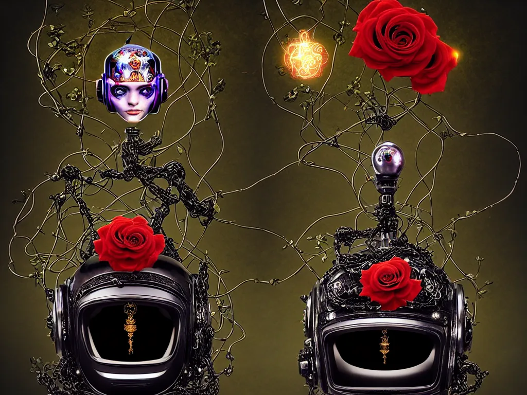 Image similar to robot helmet on a throne, roses with vines dripping black liquid, tarot card with ornate border frame, ornamented flowing jewelry, 4k, trending on artstation, hyper realistic, photorealistic, volumetric lighting, in the style of michael cheval,