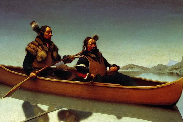 Prompt: fur trader in a canoe, 1 8 5 0. illustrated by n. c. wyeth. oil painting, highly detailed, centered, digital painting, artstation, romantic, concept art, smooth, sharp focus, illustration, artgerm, tomasz alen kopera, frans hals, drew struzan