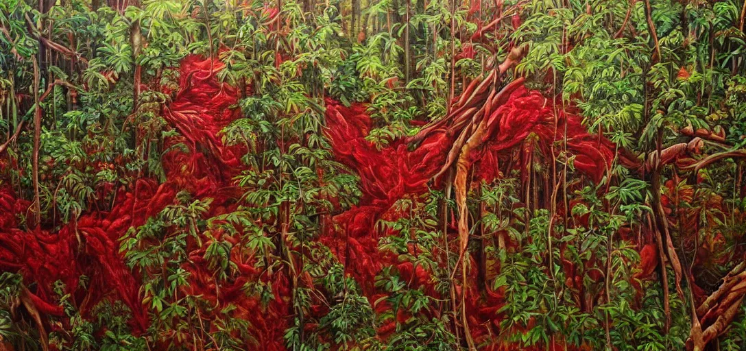 Prompt: hyperrealistic oil painting on canvas, hyperdetailed jungle made of blood and veins