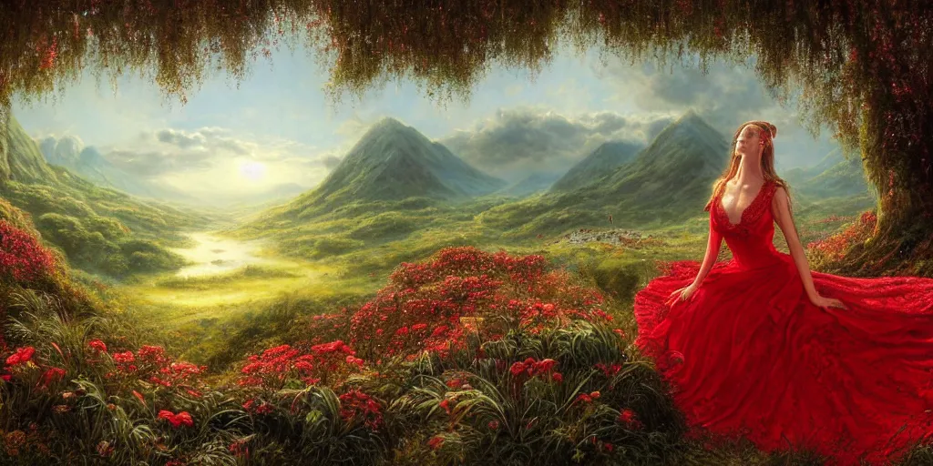 Image similar to an elegant fairy queen in a red lace dress sitting and looking out at a lord of the rings scenery landscape, vast lush valley flowers and giant mushroom structures, river, sunrise, god's rays highly detailed, vivid colour, soft clouds, floral sunset, cinematic lighting, perfect composition, 8 k, gustave dore, derek zabrocki, greg rutkowski, belsinski