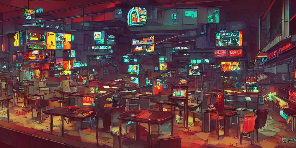 Image similar to cyberpunk mcdonalds by kirokaze