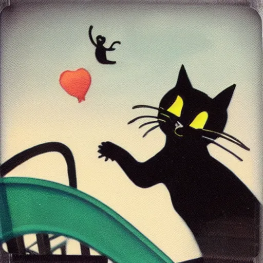 Image similar to black cat in a rollercoaster. the cat looks happy. sunny landscape. polaroid photo. tri color.