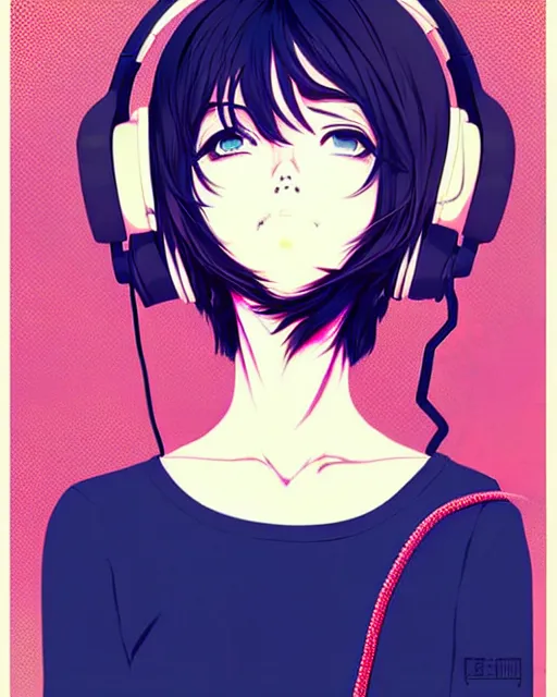 Prompt: girl wearing headphones, city background, very anime!!! anime!! intricate details, high contrast colors, poster background, art by conrad roset and ilya kuvshinov