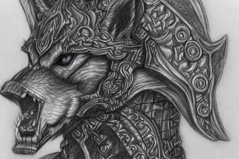 Image similar to a pencil drawing of a wolf, full body, D&D, armor, made by by Pen Tacula