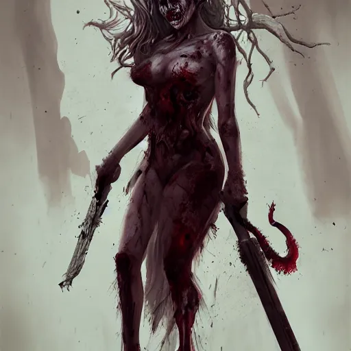 Image similar to a zombie Daenerys, by WLOP, horror, wounds, bloody, dark fantasy, trending on artstation