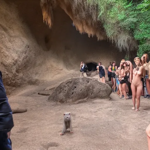 Prompt: monkey walks out of cave holding a stone club, crowds of blond female human women watch on in awe