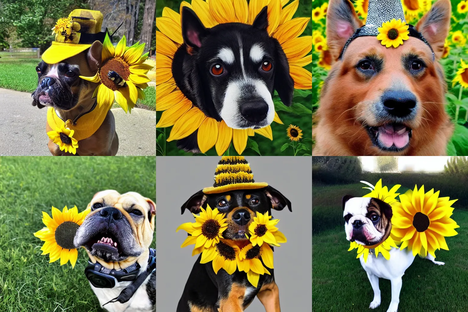 Prompt: dog wearing a sunflower as a hat covered in bumblebees, photo realistic, dramatic lighting, realistic shadows