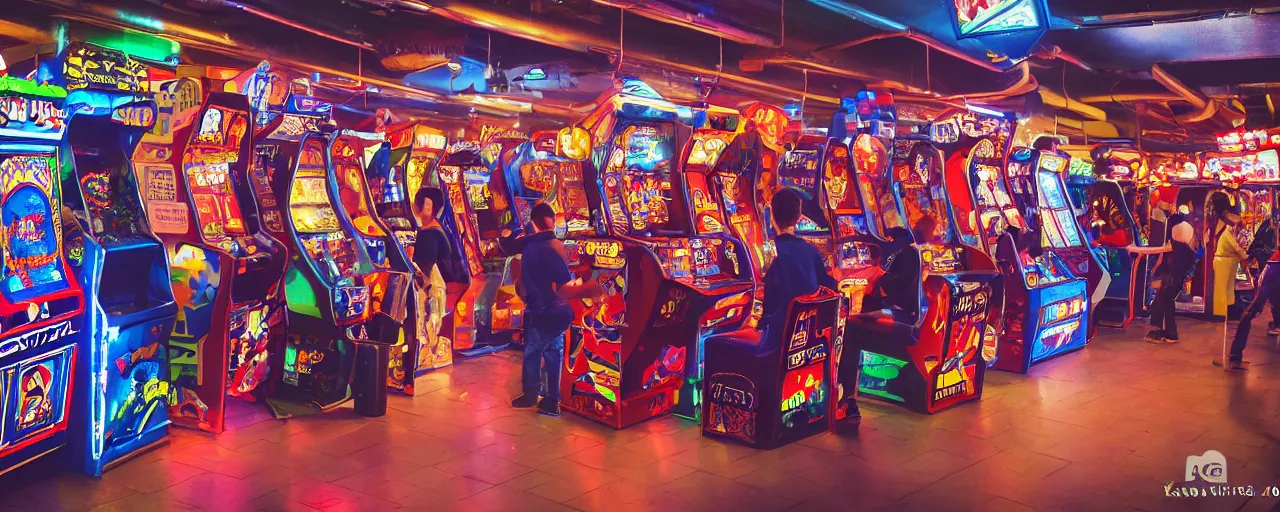 Image similar to A busy arcade, by Kung Fury, by Ready Player One, by Back To The Future, XF IQ4, 150MP, 50mm, F1.4, ISO 200, 1/160s, natural light