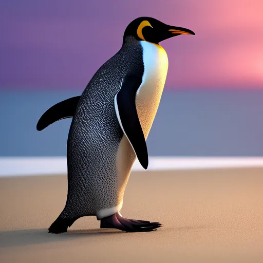 Image similar to realistic penguin at the beach during sunset. high details. 3 d render, octane render, wallpaper