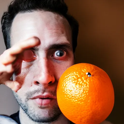 Prompt: a photo of a suprised holding an orange, the man's face can be seen in the photo, his eyes are more open, looking at the viewer, his mouth is open, he is holding the orange in his hand.