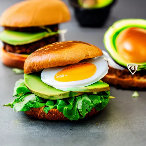 Prompt: juicy vegan hamburger topped with avocado onion and a vegan fried egg, crispy buns, 8 k resolution, food photography, studio lighting, sharp focus, hyper - detailed