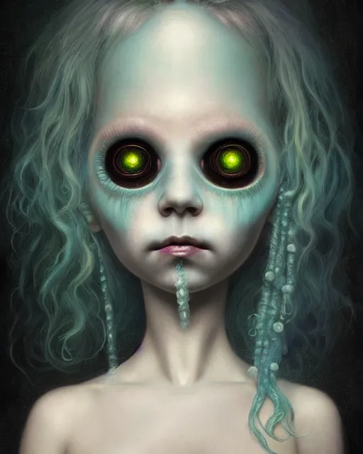 Image similar to one singular portrait of a cute bioluminescent creepy doll, post grunge, highly detailed, digital painting, cinematic, hyper realism, dark retrowave, art by mark ryden and pixar and artgerm and magali villeneuve and alphonse mucha, artstation, octane render, cgsociety